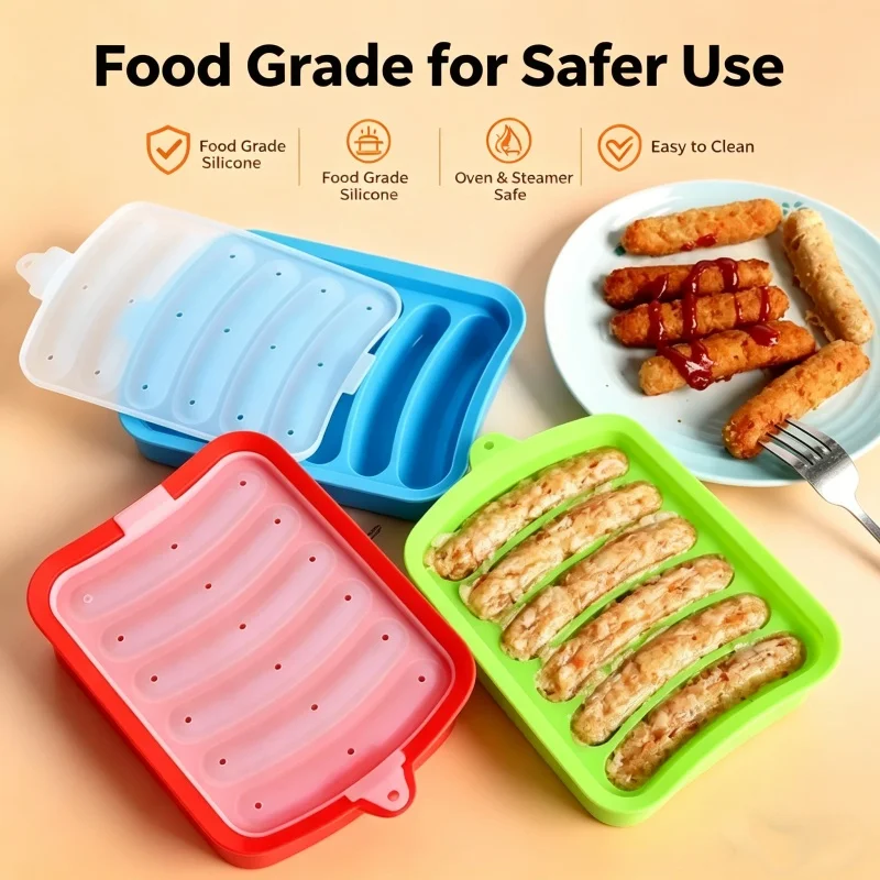 Baby Food Dogs - แม่พิมพ์ไส้กรอกซิลิโคนเกรดอาหาร พร้อมฝาปิด ทนความร้อน ทำความสะอาดง่าย สำหรับทำอาหารเสริมเด็ก ทำไส้กรอก