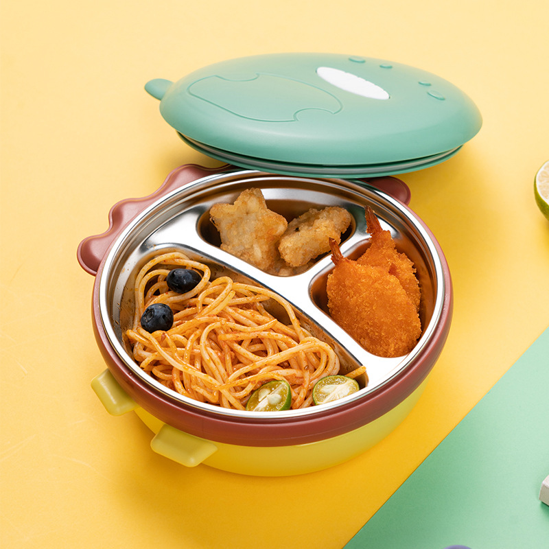 Baby Food Usa - จานแบ่งส่วนสแตนเลสสำหรับเด็ก แบบมีจุกดูด บรรจุน้ำเก็บความร้อน ชามอาหารเสริมสำหรับเด็ก ชุดอาหารสำหรับเด็กโต